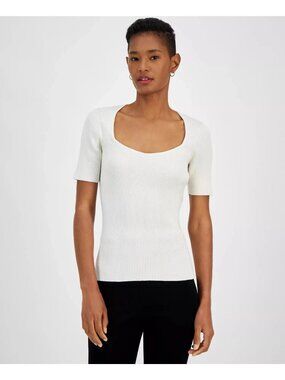 Hugo BOSS *Defect* Women's Short Sleeve White Rib Sweater Top Shirt Size XL $148